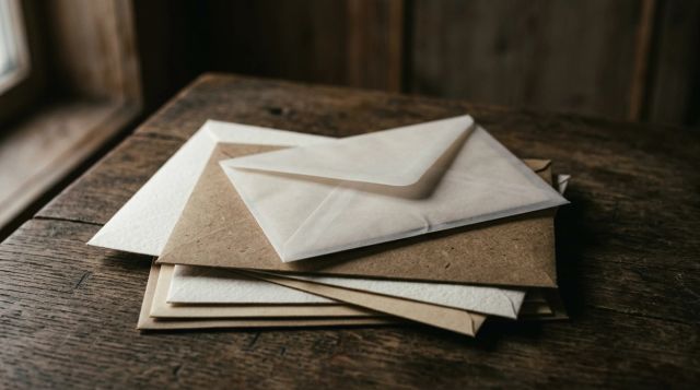 Stabel med forseglede konvolutter av tykt papir på et mørkt trebord i dempet dagslys.