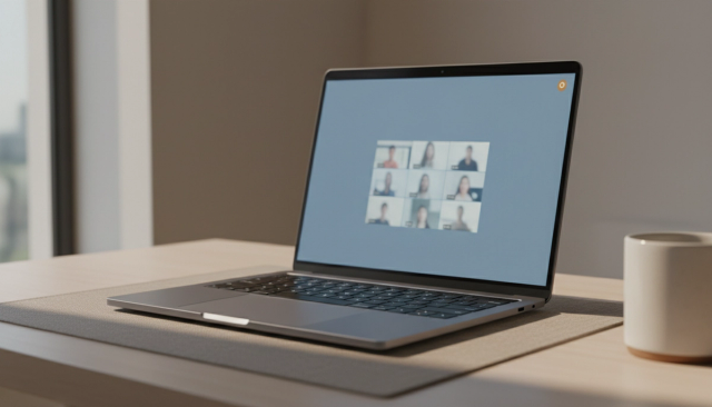 Open laptop on a modern desk displaying a blurred video call interface with a soft notification glow on screen