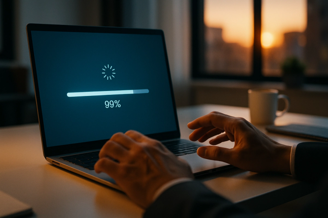 Laptop viser fremdriftslinje på 99 % under oppdatering, med solnedgang i bakgrunnen.
