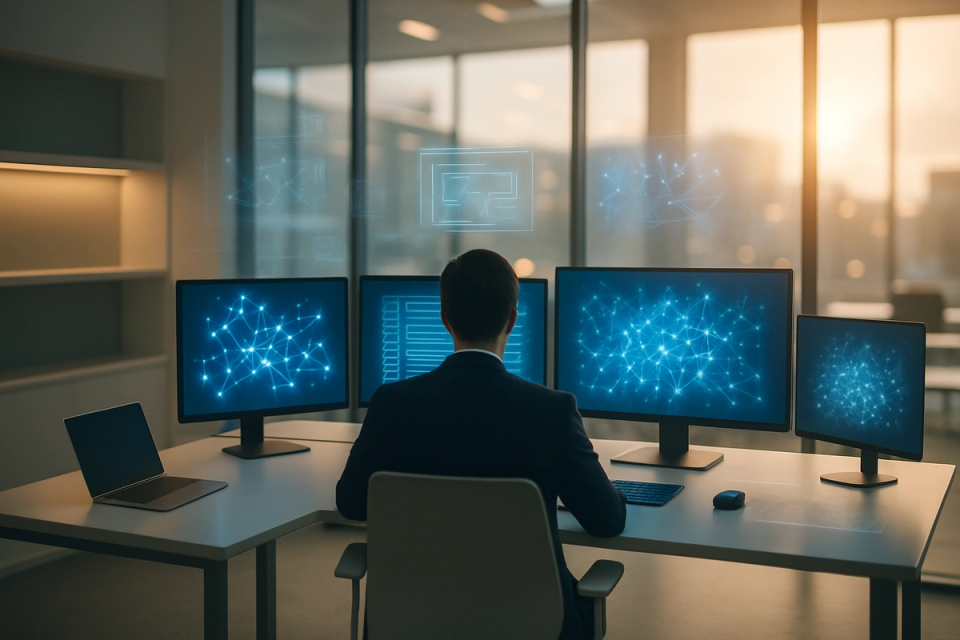 Professional working at a modern minimalist desk surrounded by multiple screens showing abstract data visualizations