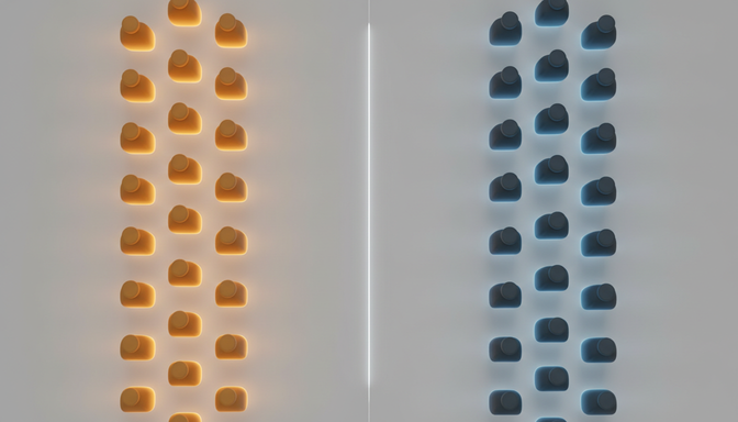 Aerial view of two parallel queues of human silhouettes, one in warm amber tones and one in cool blue tones