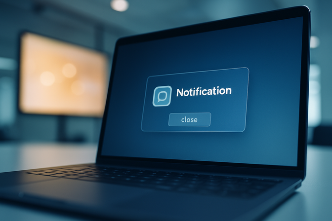 Close-up of a laptop screen showing a connection notification with a blurred meeting room display in the background