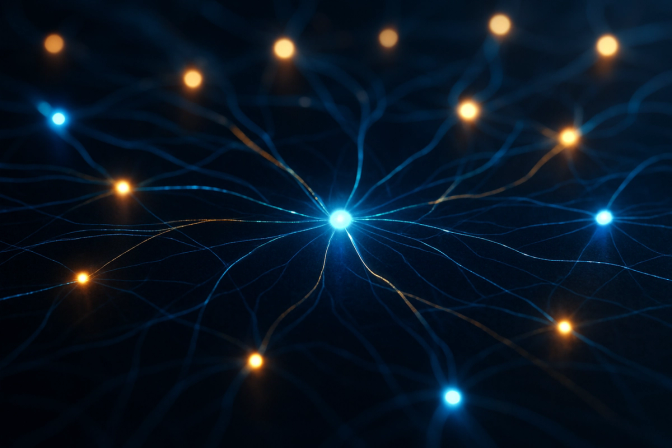 Glowing interconnected network nodes with flowing streams of light on a dark surface