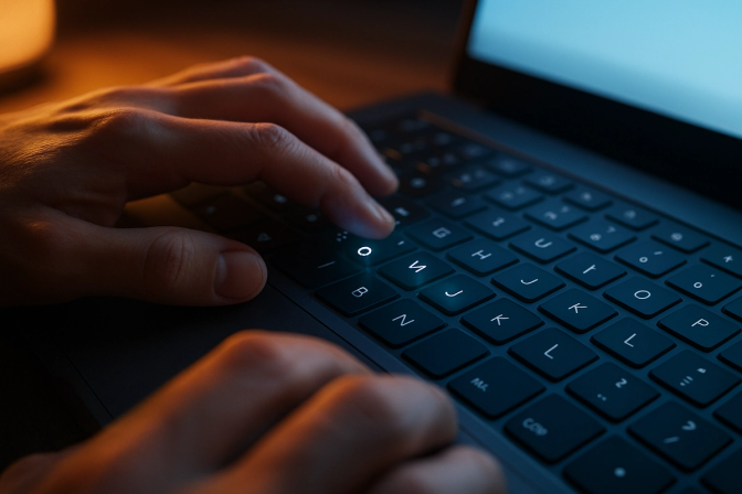 Hands typing on a laptop keyboard with soft screen glow illuminating the fingertips