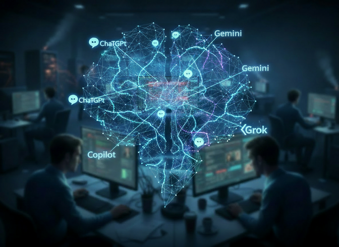 Ansatte omgitt av AI-verktøy som ChatGPT, Gemini, Copilot og Grok visualisert som et digitalt nettverk