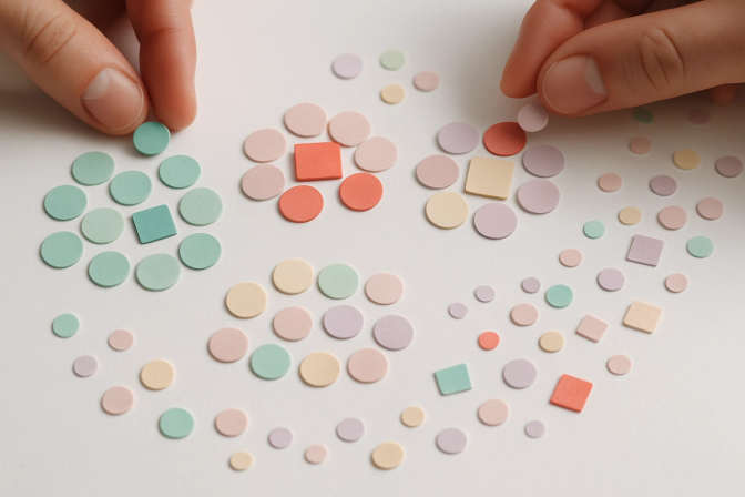 Colorful paper dots and notes being sorted into distinct clusters on a white surface