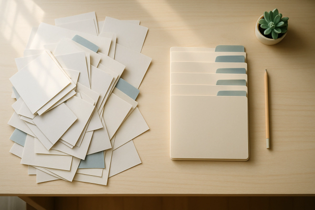 Desk with scattered papers and folders on one side transitioning to neatly stacked organized folders on the other side