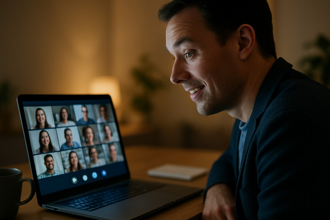 Person leaning toward a laptop screen showing a video call grid, with an expression of attentive discovery