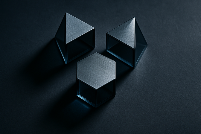 Three geometric metal and glass prisms arranged in a triangular formation on a dark matte surface