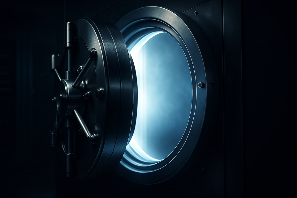 Sleek dark metallic vault door partially open with a glowing blue-white light emanating from within