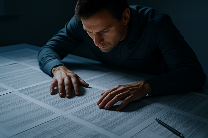 Analyst carefully reviewing printed spreadsheet data spread across a table, tracing rows with focused expression