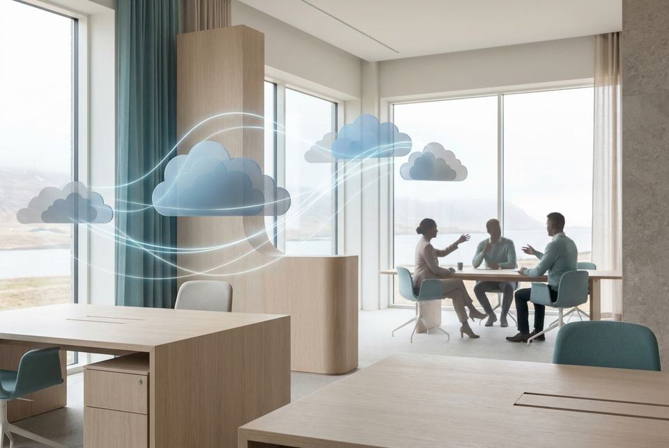 Abstrakt illustrasjon av skyinfrastruktur og et moderne kontormiljø som symboliserer migrering til Google Workspace og Google Cloud