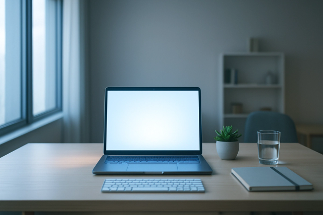 Sleek minimal desk setup with an open glowing laptop in a bright modern office with natural light