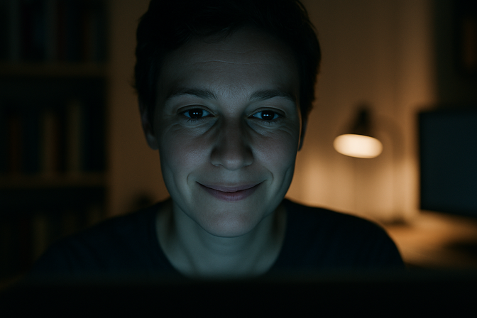 Person attentively engaged in a video call, face lit by laptop screen glow in a dimly lit home office