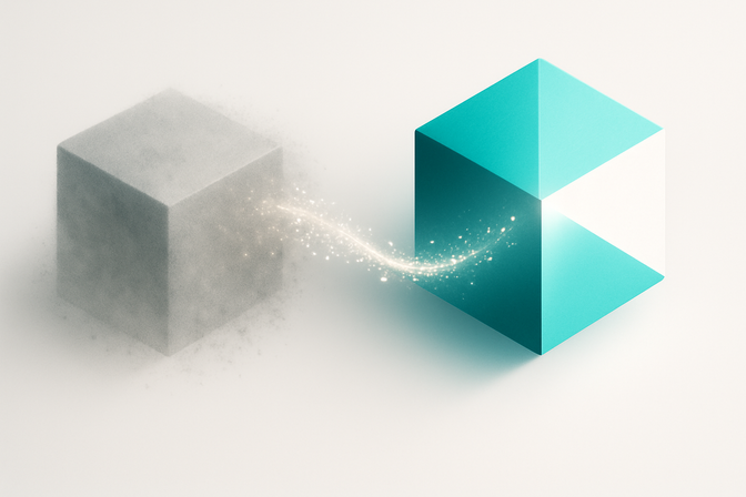 Two abstract geometric forms connected by a glowing particle stream, transitioning from grey to teal