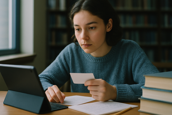 University student holding a flashcard and looking at a tablet screen at a library desk