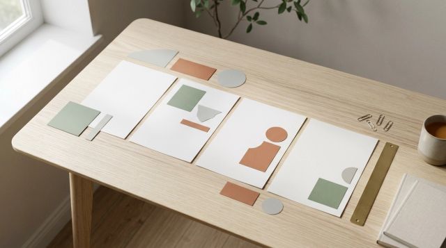 Dokumentark og geometriske papirfigurer organisert på et lyst trebord.
