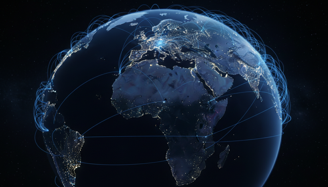 Stylized globe with glowing blue connection nodes spreading outward in a ripple pattern across continents
