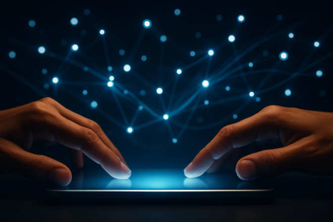 Two hands interacting with a glowing tablet, with abstract light trails connecting floating nodes in the background