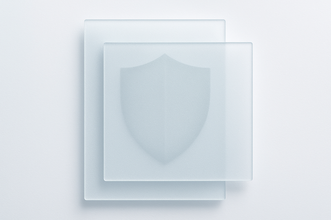 Two overlapping transparent frosted glass sheets with a faint shield shape visible beneath the surface