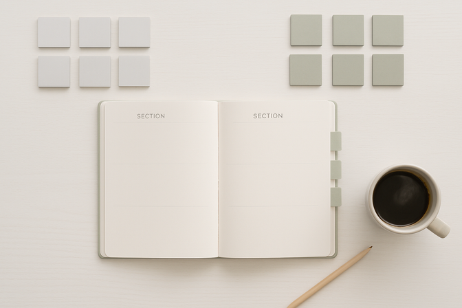 Aerial view of a minimalist desk with a notebook, grouped sticky notes, and a ceramic coffee cup