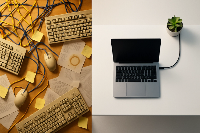 Gamle tastaturer og kabler sammenlignet med minimalistisk laptop-oppsett.