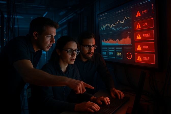 Three IT professionals responding to live infrastructure alerts on a large wall-mounted monitoring dashboard in a NOC