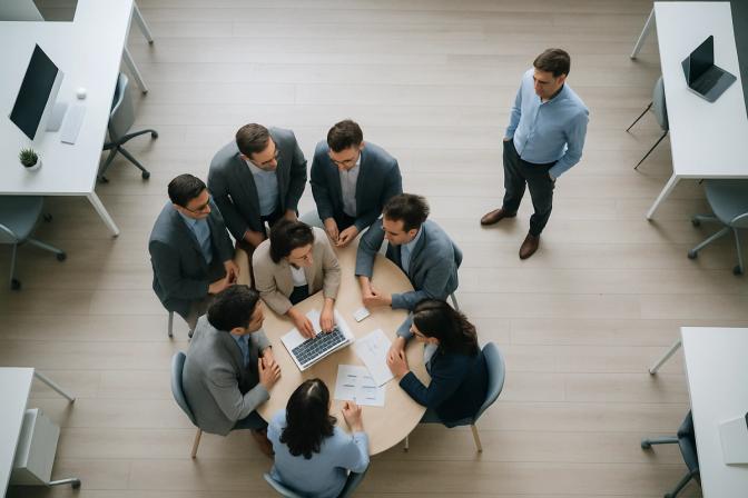 Overhead view of a group of office workers clustered together while one person stands just outside the group boundary