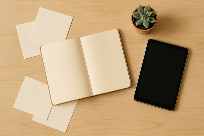 Open notebook beside a tablet and scattered blank papers on a light wood surface, with a small succulent plant in the corner.