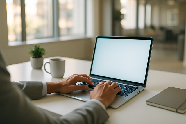 Professional's hands typing on a modern laptop in a bright, sunlit office workspace