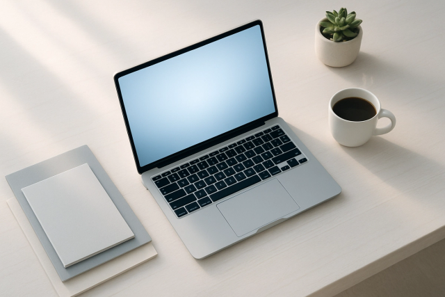 Aerial view of a clean minimal desk with an open laptop, neatly arranged folders, and a coffee cup in natural daylight