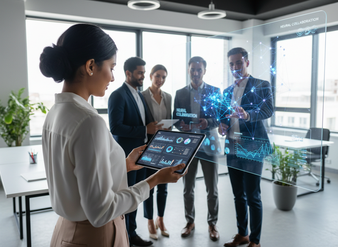 Ledergruppe diskuterer AI-drevne analyser på nettbrett i moderne kontorlandskap