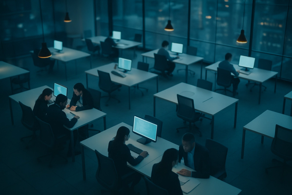 Aerial view of a modern open-plan office with employees working at minimalist desks under soft blue lighting