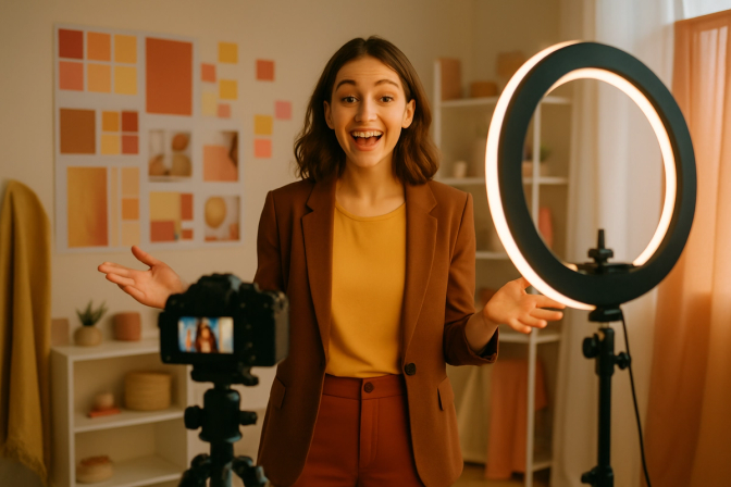 Woman gesturing expressively in a bright creative studio in front of a camera on a tripod