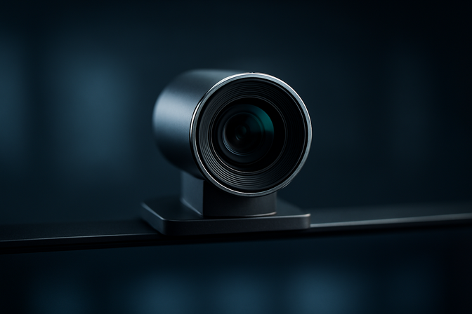 Close-up of a modern conference room camera lens mounted on a display, with blurred screen in background