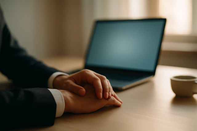 Professional's hands resting near an open glowing laptop on a modern desk