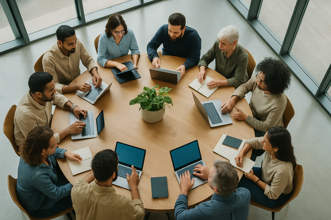 Diverse group of people collaborating around a large table in a bright open workspace, each using their own device.