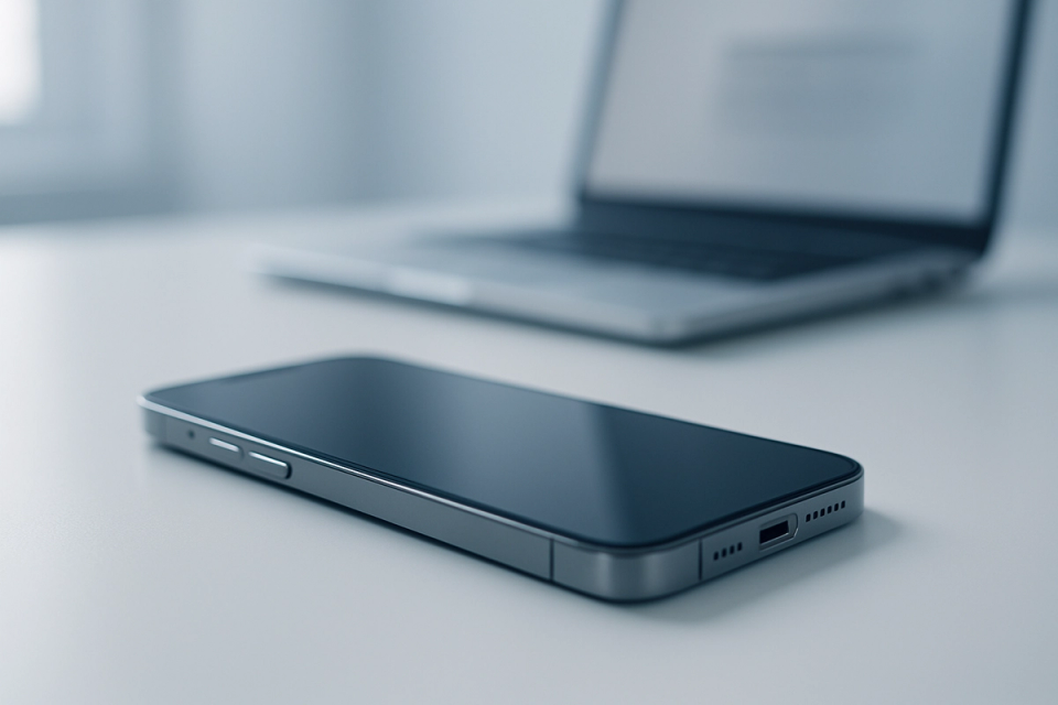 iPhone lying on a clean office desk with a laptop blurred in the background