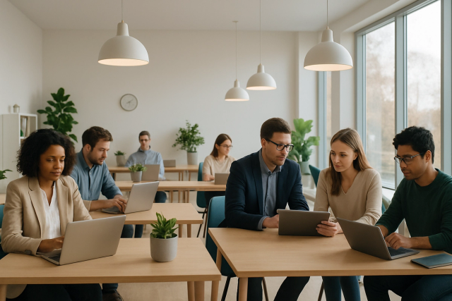 Diverse professionals working on laptops and tablets in a bright, modern open-plan office with large windows.