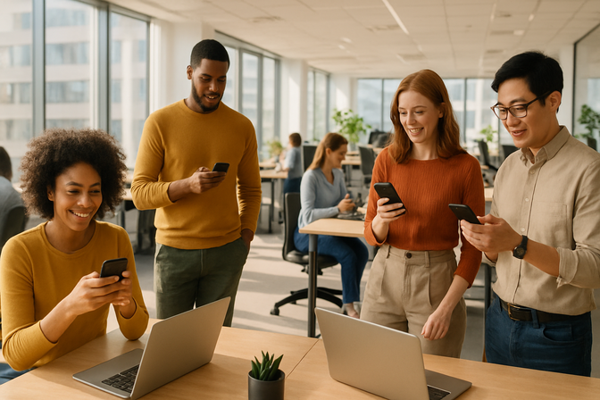 Diverse group of office workers using smartphones and laptops in a bright open-plan workspace