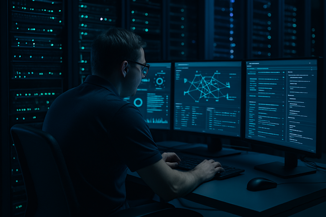 IT administrator working at a multi-monitor workstation in a dimly lit server room with glowing rack indicators