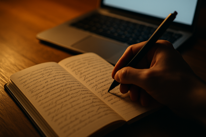 A hand writing in a notebook beside an open laptop on a warm wooden desk