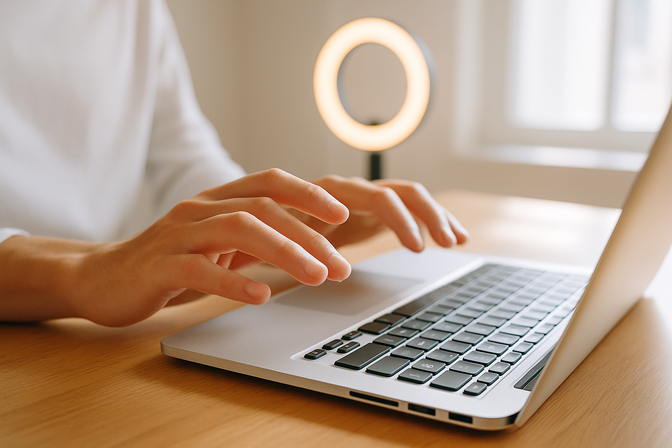 Person's hands hovering over a laptop trackpad in a bright home studio with a ring light in the background