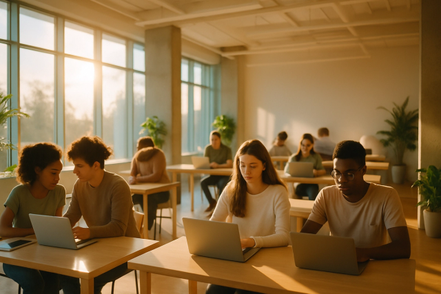 Students and professionals working on laptops in a bright, modern open-plan workspace with large windows