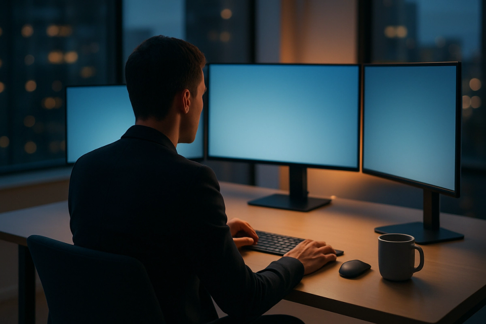Professional working at a modern multi-screen desk with warm ambient and blue screen lighting