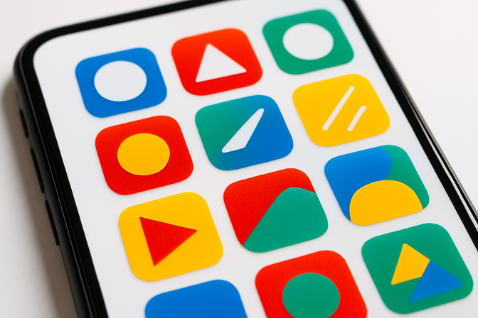 Smartphone screen showing a grid of colorful geometric app icons in blue, red, yellow, and green