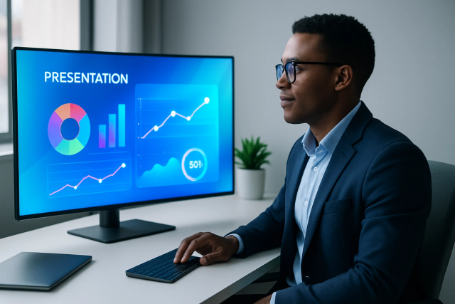 Professional working at a sleek desk with a large monitor displaying a colorful animated presentation slide