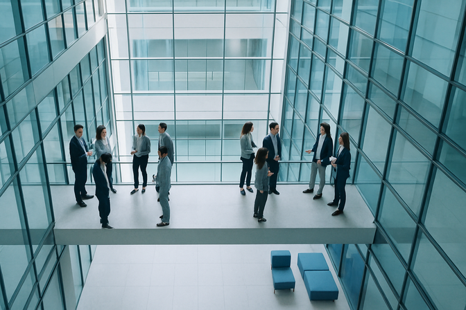 Two groups of professionals facing each other across a modern architectural bridge inside a glass-walled office building