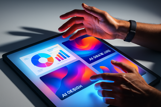 Designer's hands gesturing over a glowing display showing vivid AI-generated images