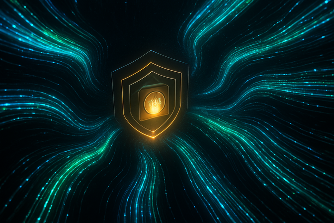 Glowing streams of encrypted data flowing into a secure digital vault, viewed from above on a dark background